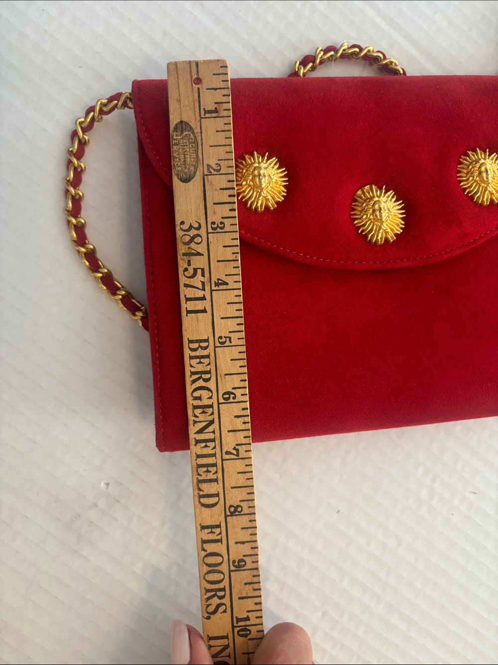 LAURENT MERCADAL PARIS RED SUEDE WITH THREE GOLD MEDALLION DESIGN CHAIN VINTAGE* - Picture 9 of 9
